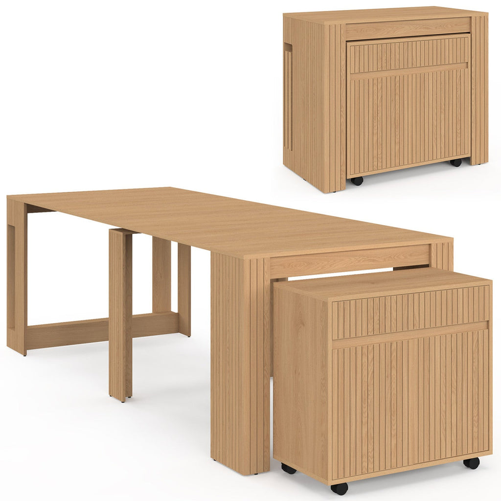 Table buffet extensible JULIETTE 10 personnes 235 cm effet lattes tasseaux bois coloris chêne