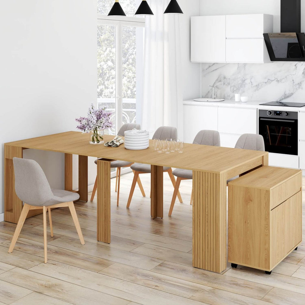 Table buffet extensible JULIETTE 10 personnes 235 cm effet lattes tasseaux bois coloris chêne