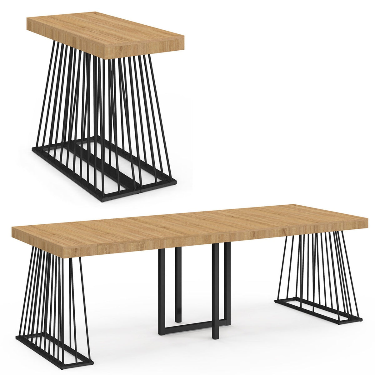 Table console extensible YUNA pour 10 personnes 235 cm avec plateau en bois et piètement filaire en métal noir