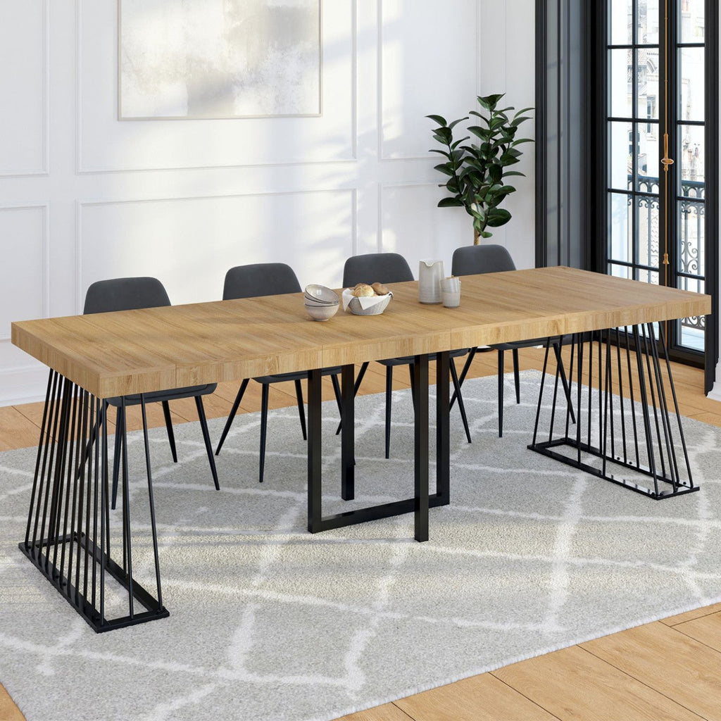 Table console extensible YUNA pour 10 personnes 235 cm avec plateau en bois et piètement filaire en métal noir