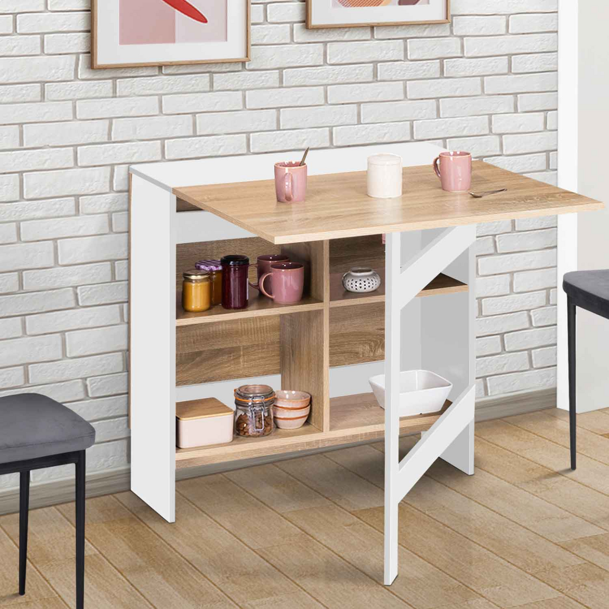 Console pliable EDI 2-6 personnes avec rangements, bois blanc, plateau façon hêtre, 150 x 80 cm