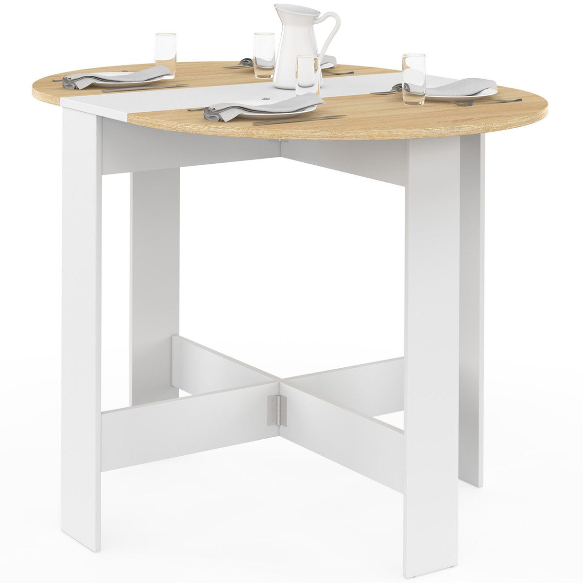 Table console pliable ronde EDI 2-4 personnes bois blanc plateau décor hêtre 103 x 76 cm