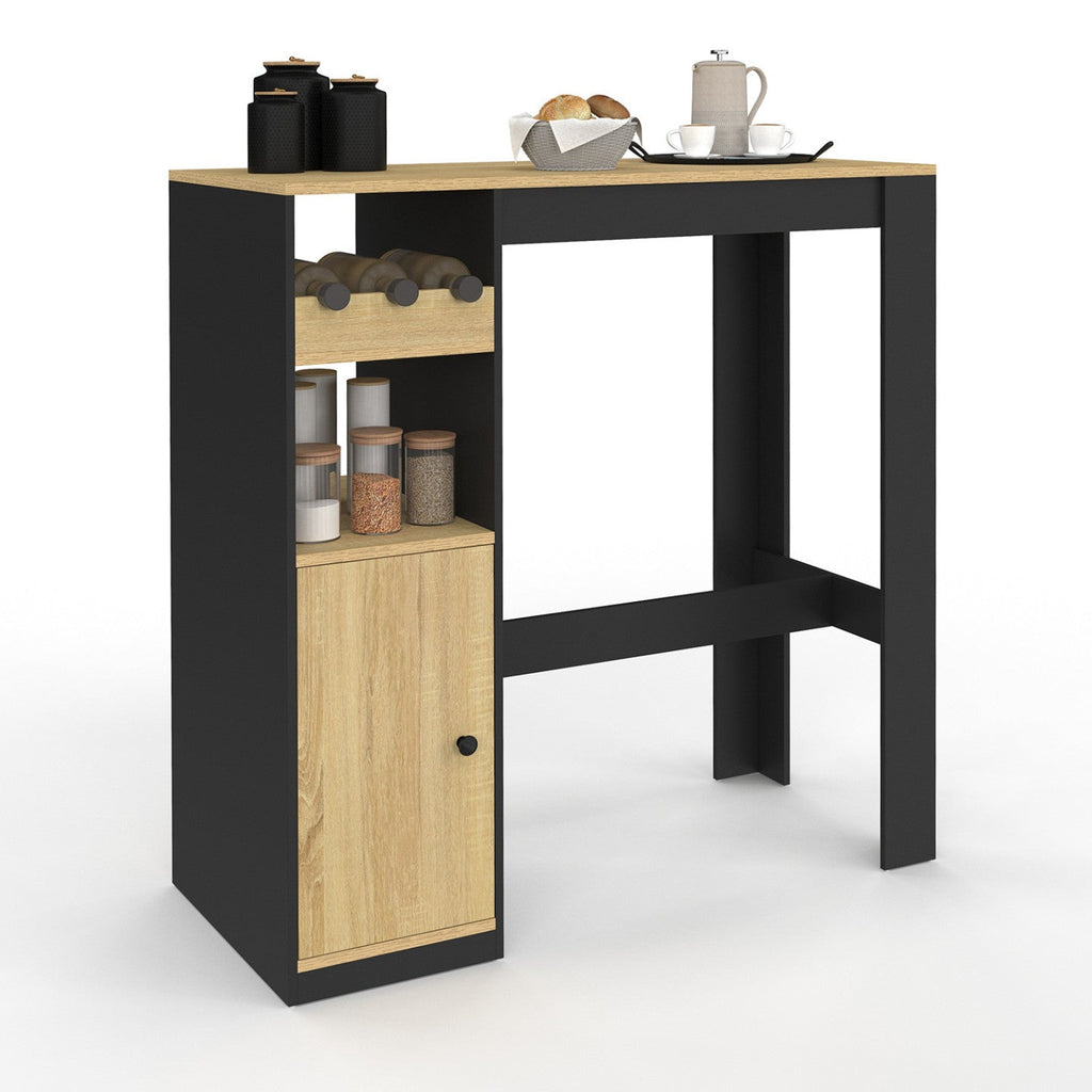 AMERI Bar table with cupboard and bottle rack for 2 people, wood and black
