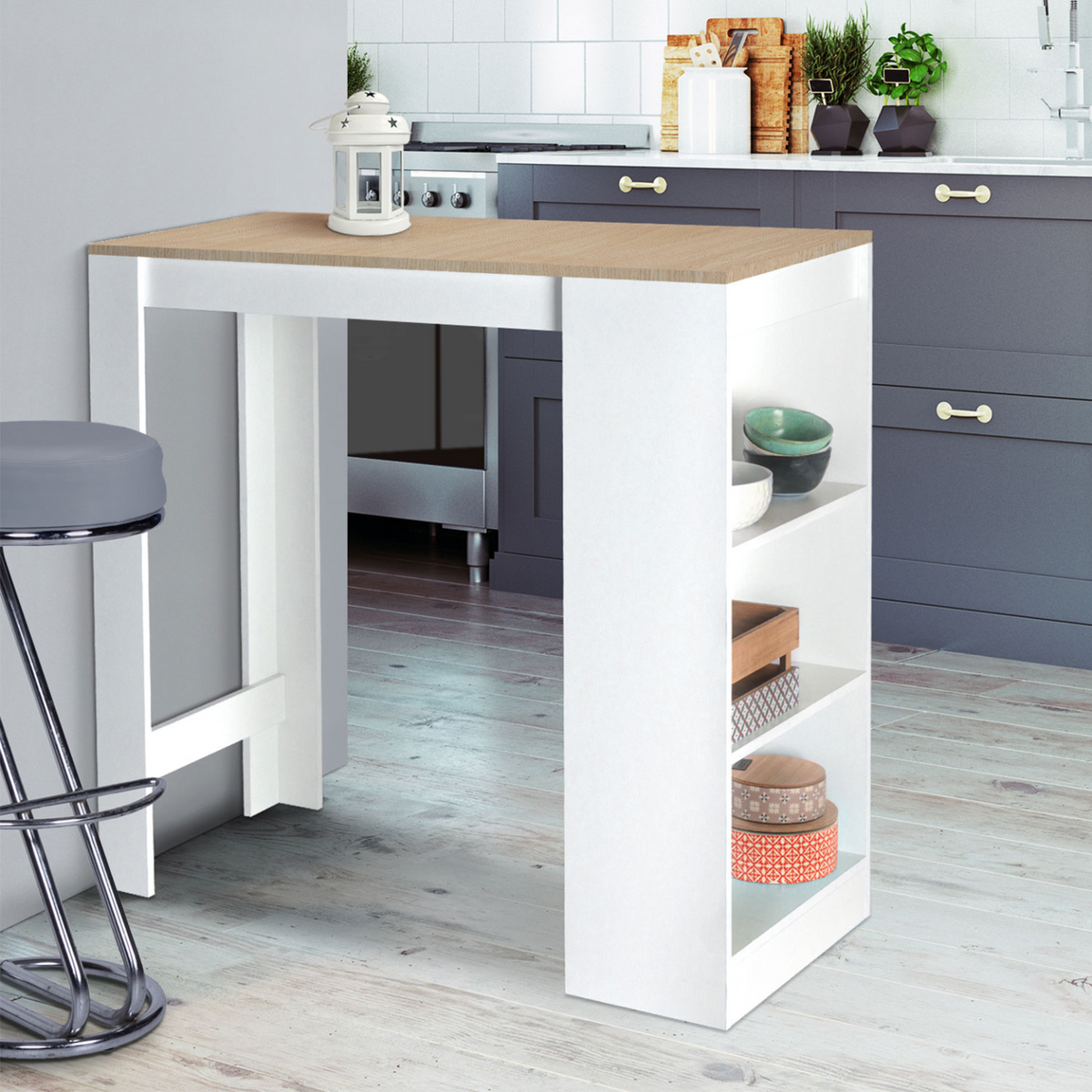 Table de bar BARTH 2 à 4 personnes, bois blanc, plateau façon hêtre