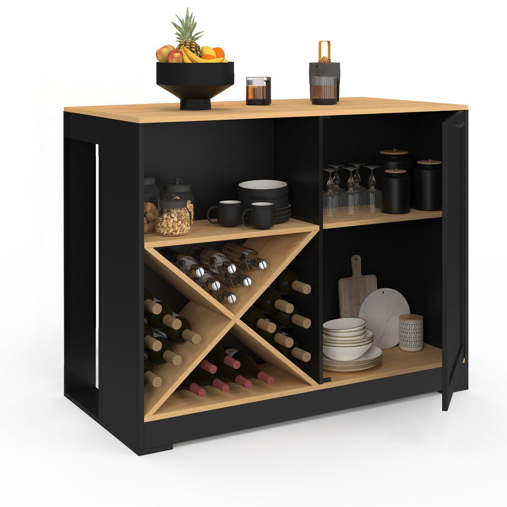 Table de bar îlot VITO 113 cm avec casier à bouteilles, bois noir et plateau imitation hêtre