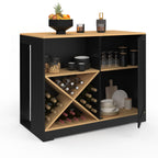 Table de bar îlot VITO 113 cm avec casier à bouteilles, bois noir et plateau imitation hêtre