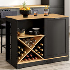 Table de bar îlot VITO 113 cm avec casier à bouteilles, bois noir et plateau imitation hêtre