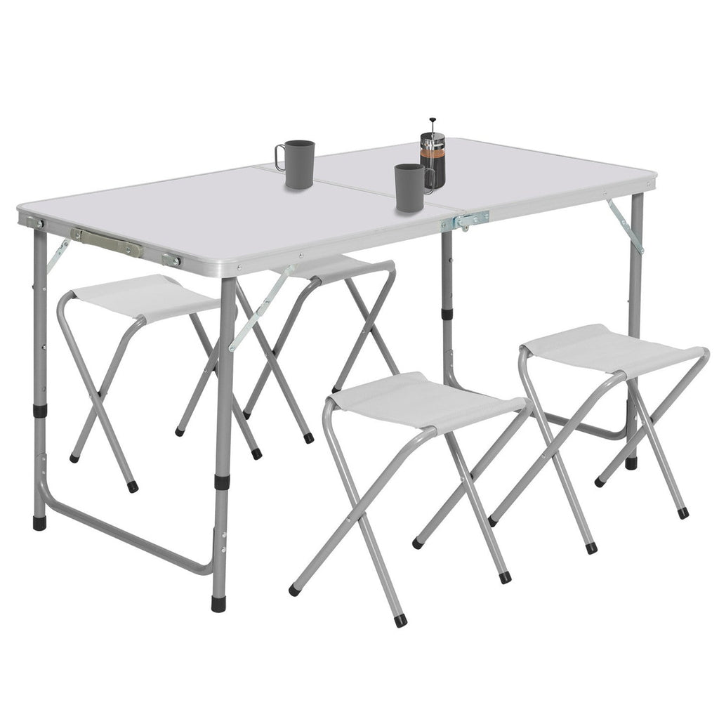 Table de camping pliante d'appoint 120 cm réglable en hauteur et 4 tabourets blancs