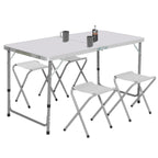 Table de camping pliante d'appoint 120 cm réglable en hauteur et 4 tabourets blancs