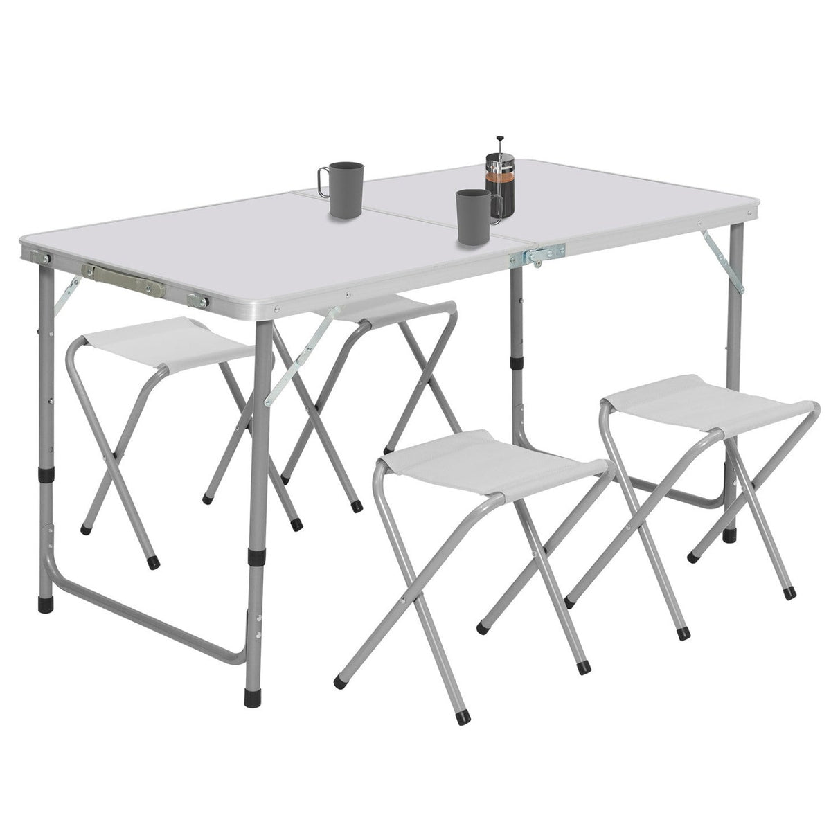 Table de camping pliante d'appoint 120 cm réglable en hauteur et 4 tabourets blancs