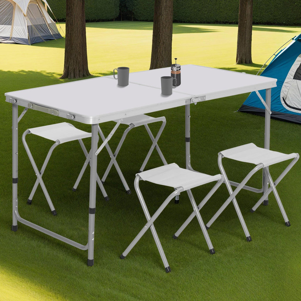 Table de camping pliante d'appoint 120 cm réglable en hauteur et 4 tabourets blancs