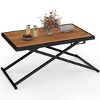 Table de jardin à hauteur réglable 3 positions OLIE 100 cm en métal noir et plateau verre effet bois