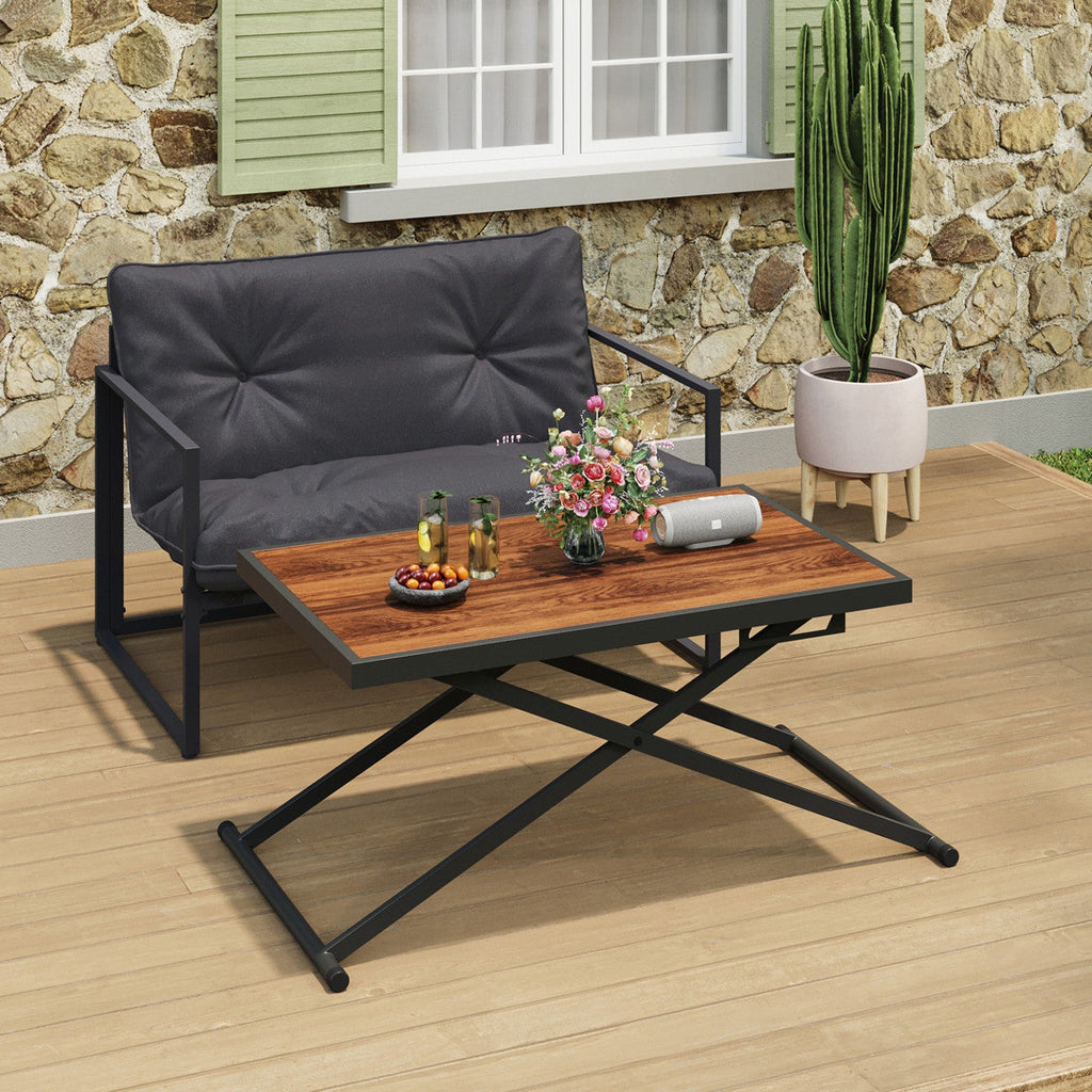 Table de jardin à hauteur réglable 3 positions OLIE 100 cm en métal noir et plateau verre effet bois