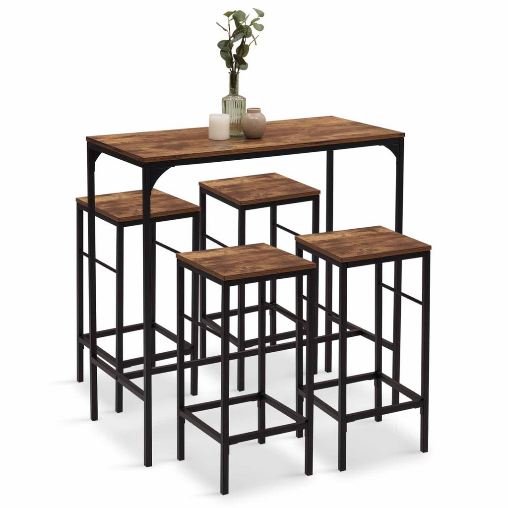 Ensemble table haute de bar DAYTON 100 cm et 4 chaises de bar effet vieilli design industriel