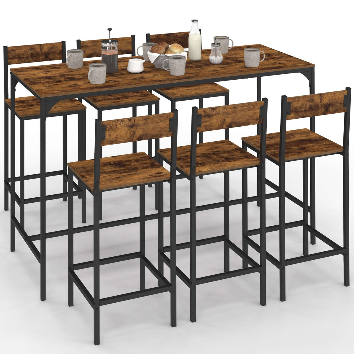 Ensemble table haute de bar DAYTON 150 cm et 6 tabourets avec dossier effet vieilli design industriel