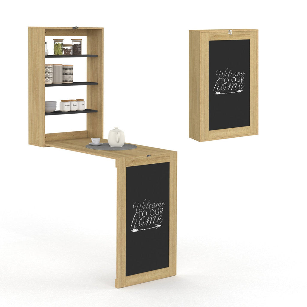 Table murale pliable MACCHIA avec étagères et tableau noir pour 2 personnes, bois et noir