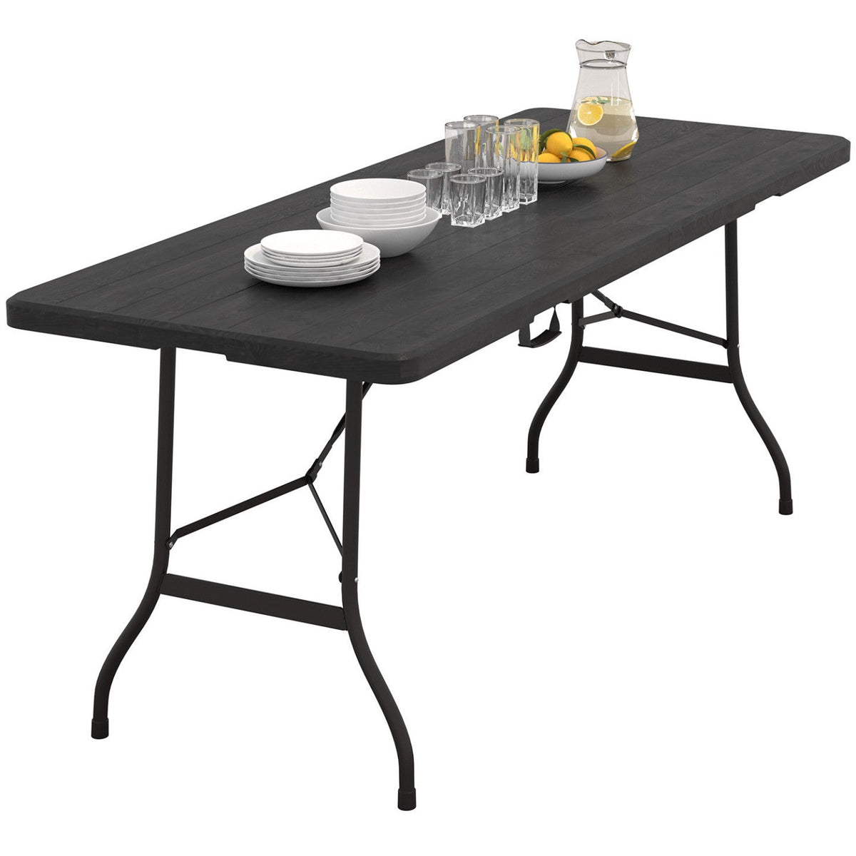 Table pliante d'appoint portable 180 cm pour camping ou réception imitation bois noir