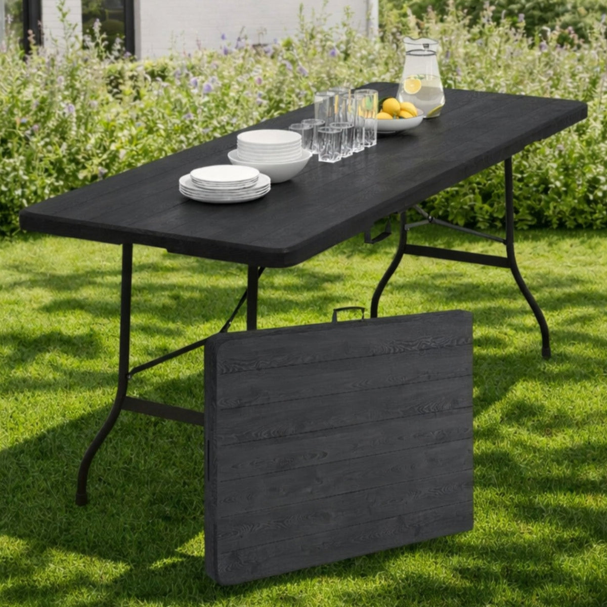 Table pliante d'appoint portable 180 cm pour camping ou réception imitation bois noir