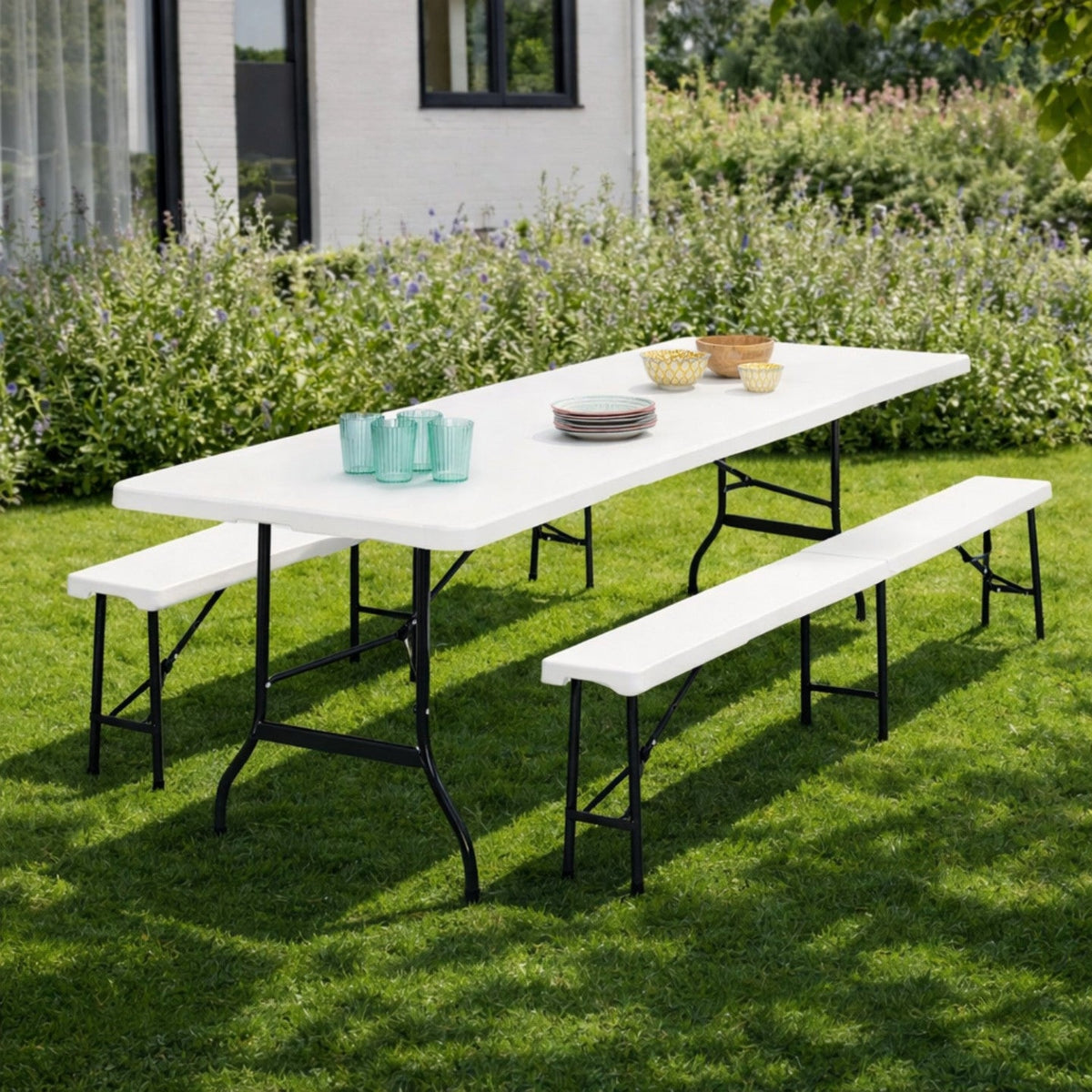 Table pliante d'appoint portable 180 cm et 2 bancs pliables pour camping ou réception