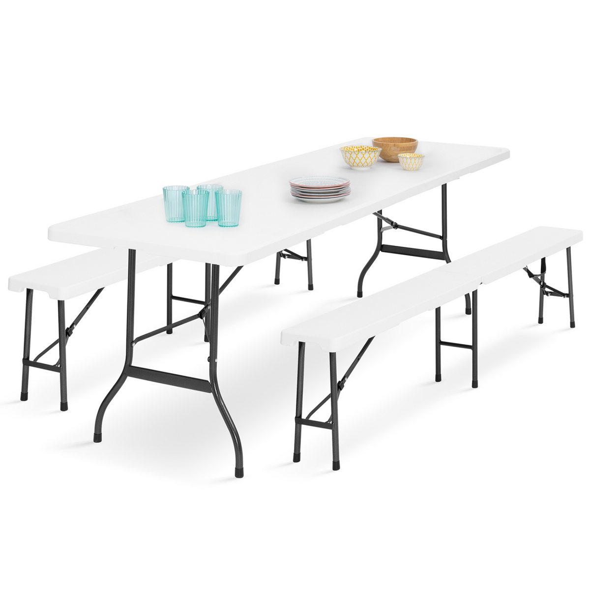 Table pliante d'appoint portable 180 cm et 2 bancs pliables pour camping ou réception