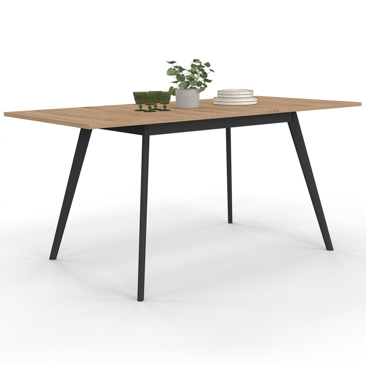 Table scandinave extensible rectangulaire INGA 4-8 personnes plateau bois pieds noirs 110-150 cm