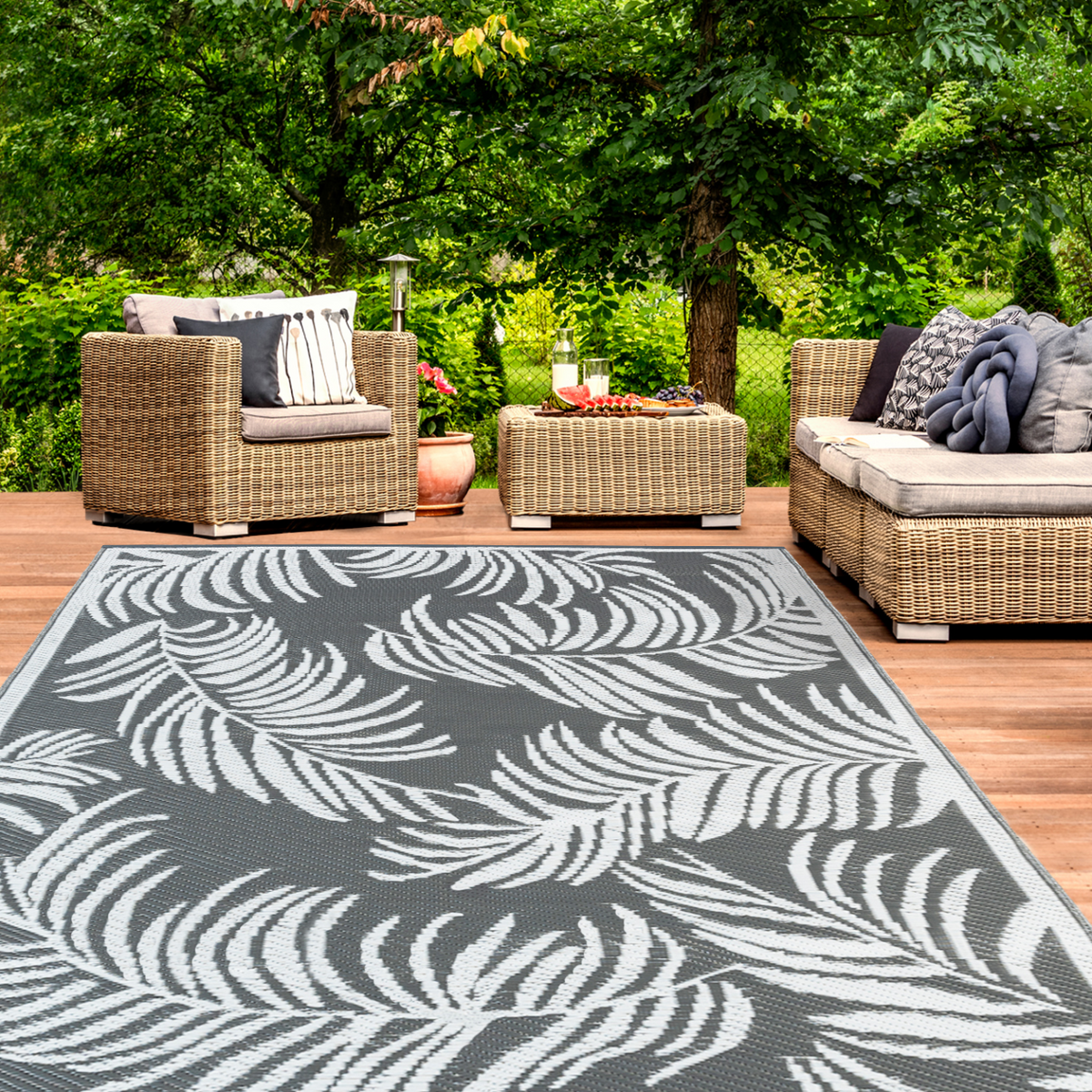 Tapis d'extérieur COCO tropical gris et blanc 180 x 280 CM