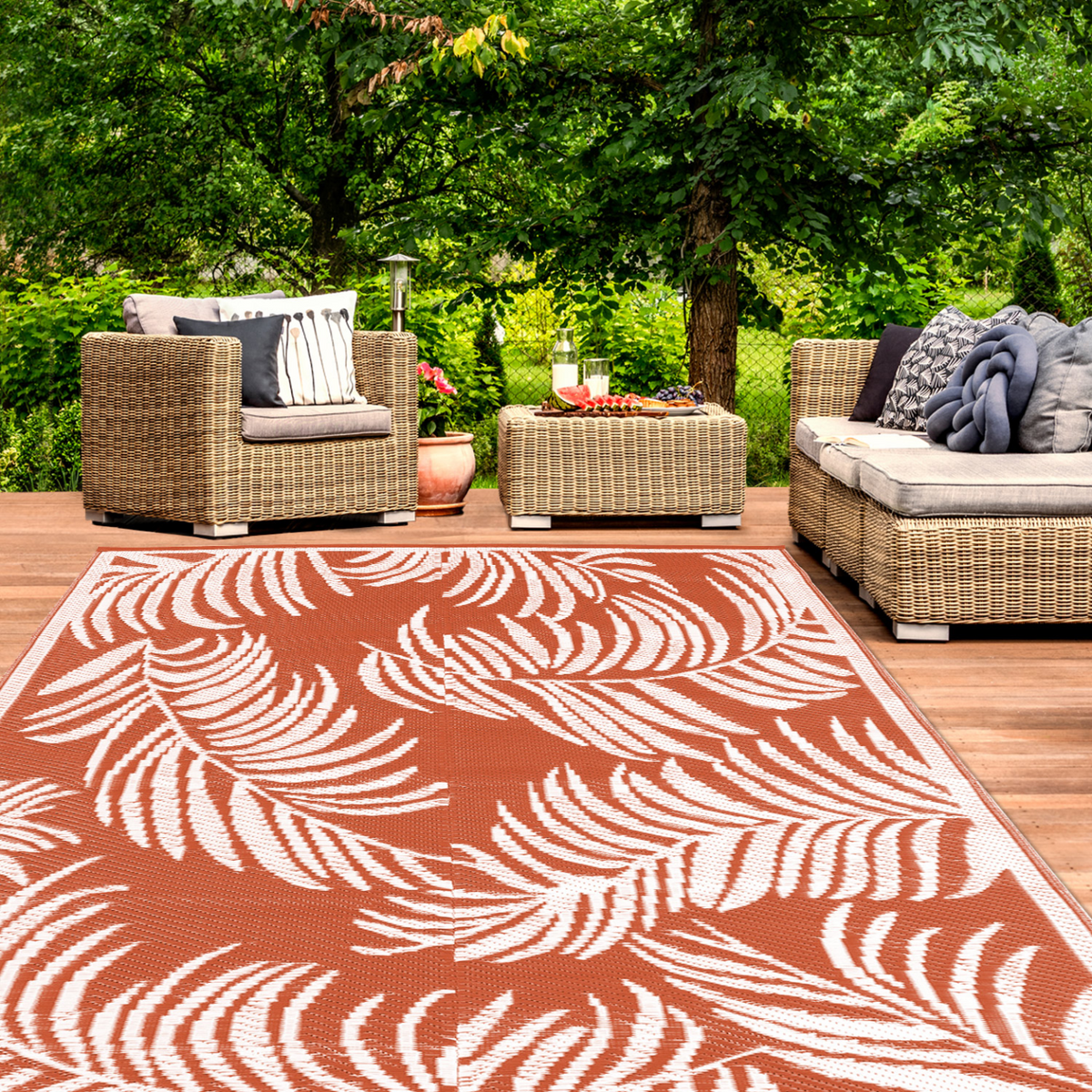 Tapis extérieur COCO tropical terre cuite et blanc 270 x 470 CM