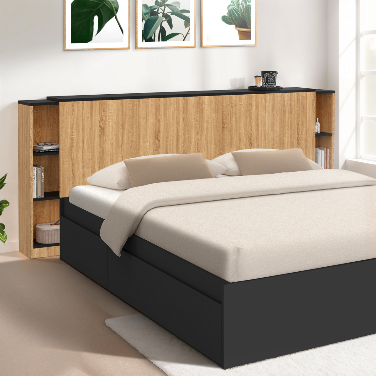 Tête de lit sur pied extensible avec chevets coulissants CATBA pour lit 140 et 160 cm décor bois et noir