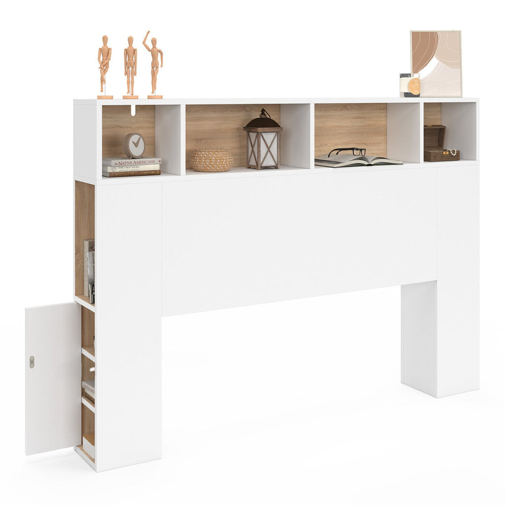 Tête de lit sur pied CLEO 145 cm avec rangements fermés et niches blanc et imitation hêtre