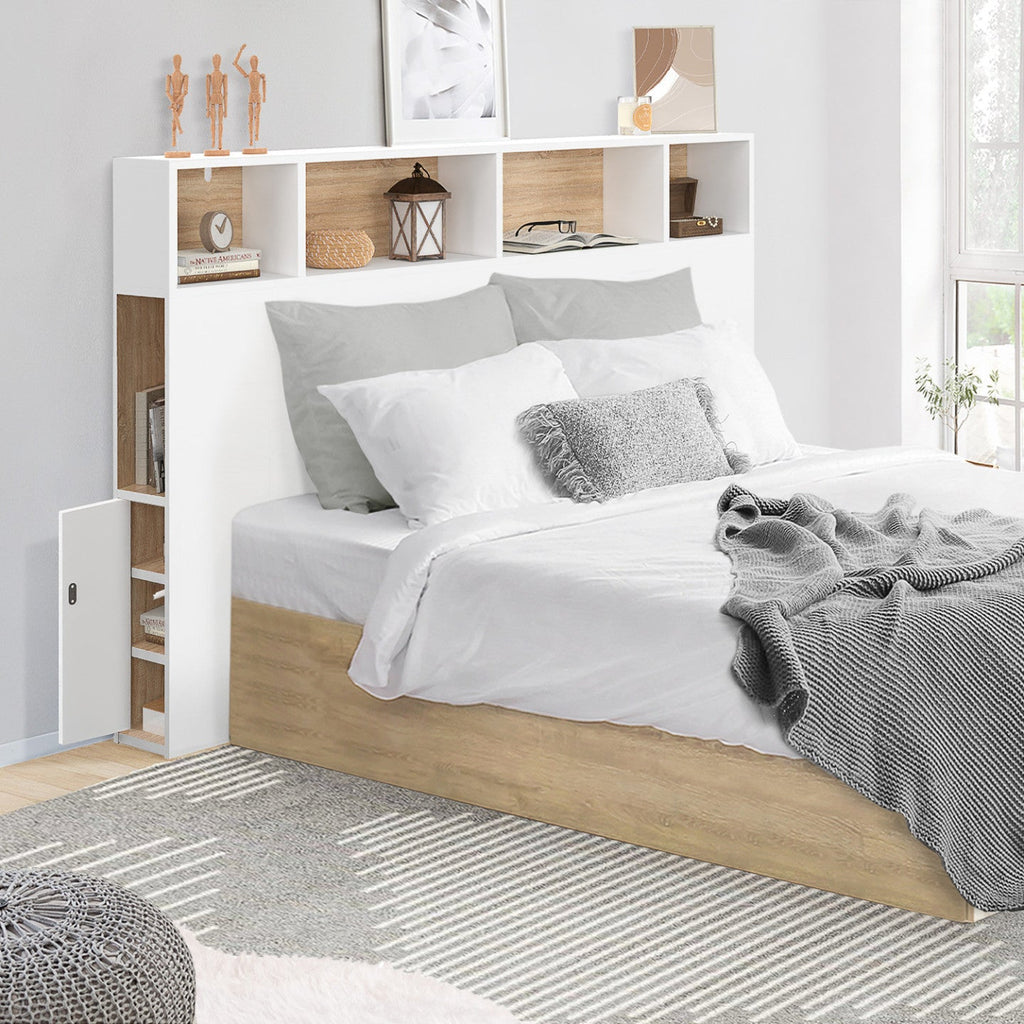 Tête de lit sur pied CLEO 145 cm avec rangements fermés et niches blanc et imitation hêtre