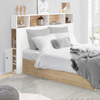 Tête de lit sur pied CLEO 145 cm avec rangements fermés et niches blanc et imitation hêtre