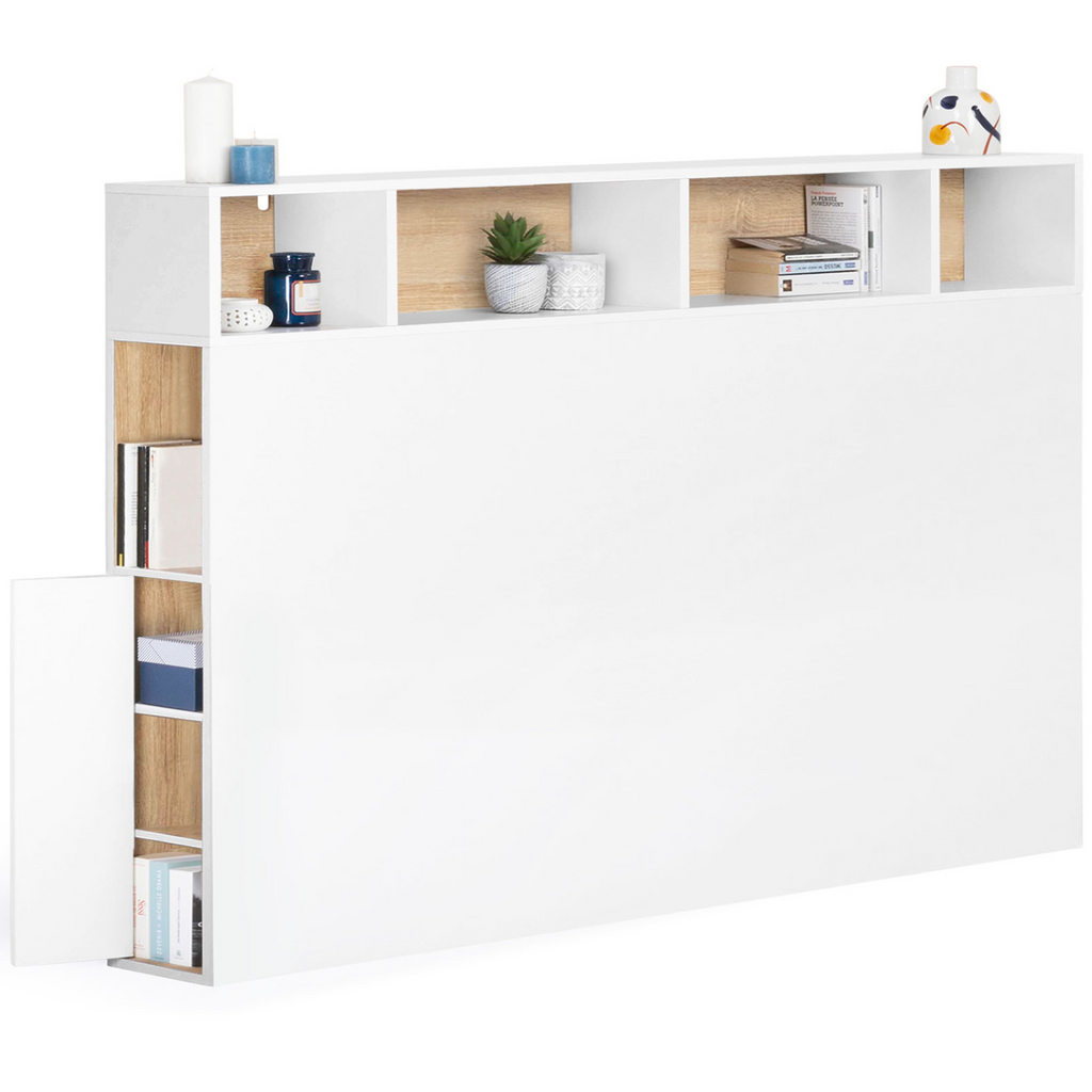 Tête de lit sur pied CLEO 165 cm avec rangements fermés et niches blanc et façon hêtre