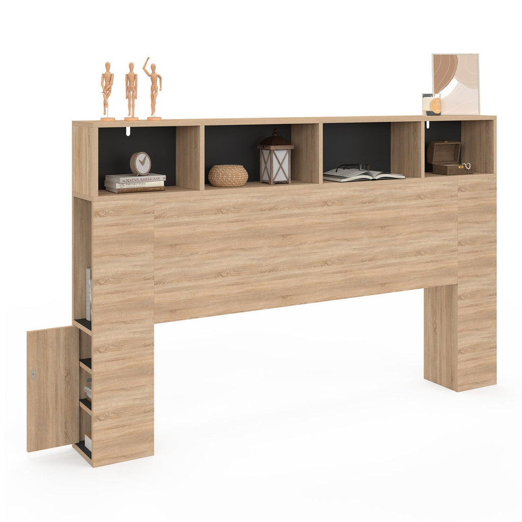 Tête de lit sur pied CLEO 165 cm avec rangements fermés et niches, décor hêtre et noir
