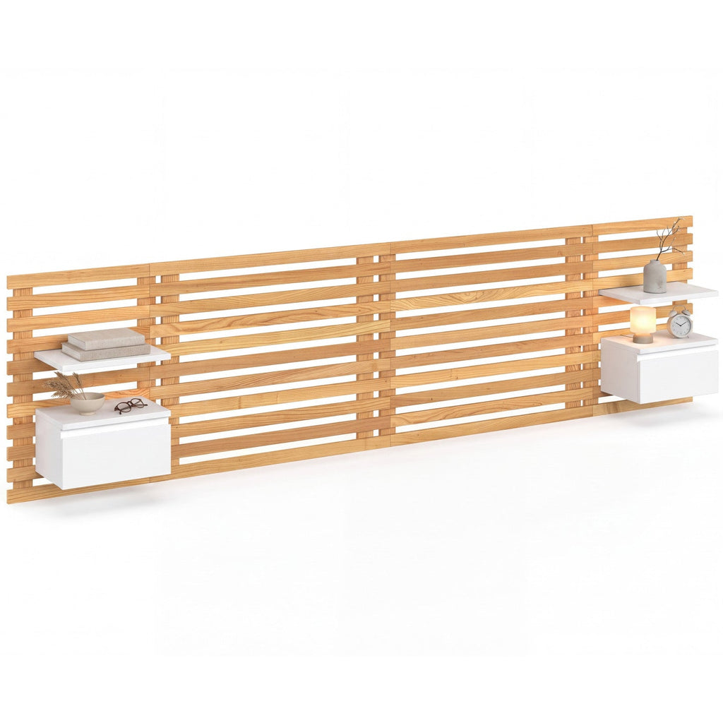 Tête de lit suspendue à lattes AVA 240 cm avec chevets + tiroir aspect bois et blanc