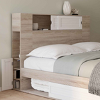Tête de lit sur pied SALEM 145 cm avec rangements fermés et niches bois et blanc