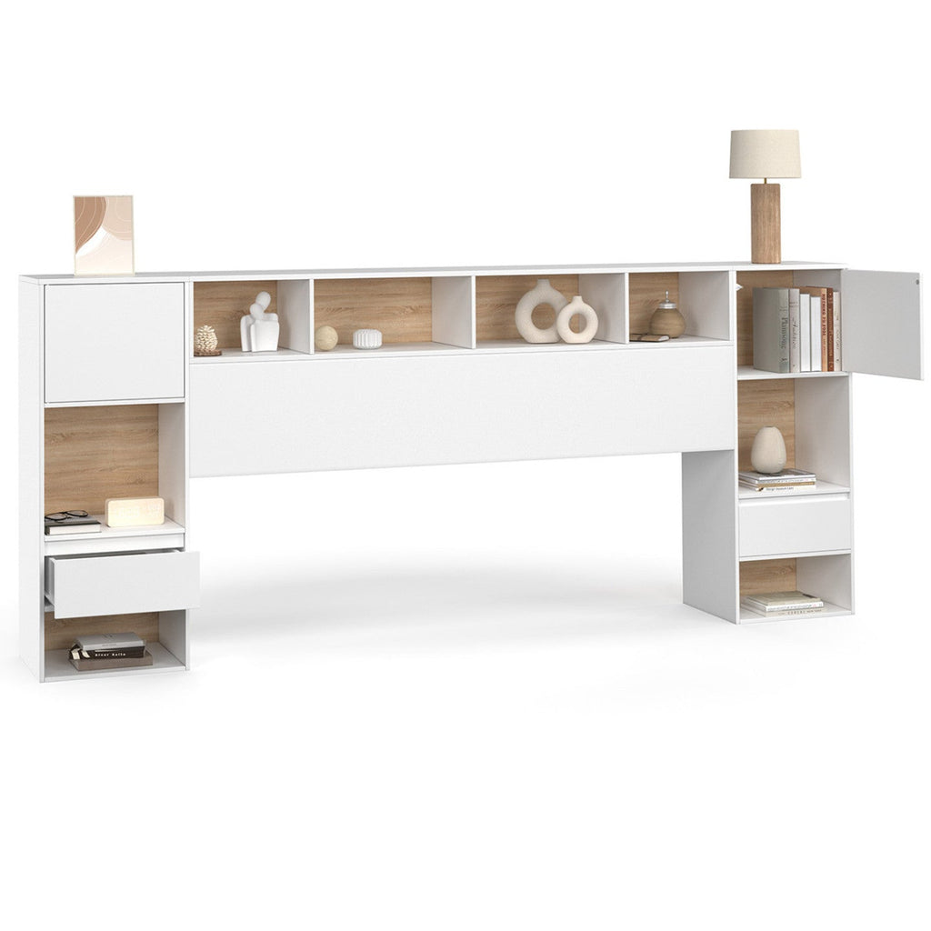 Tête de lit sur pied CAMPHA 240 cm avec chevets tiroir + placards + niches bois et blanc