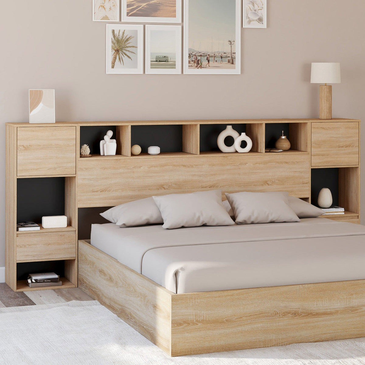 Tête de lit sur pied CAMPHA 240 cm avec chevets tiroir + placards + niches bois et noir