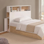 Tête de lit sur pied CLEO 95 cm avec rangements fermés et niches blanc et façon hêtre