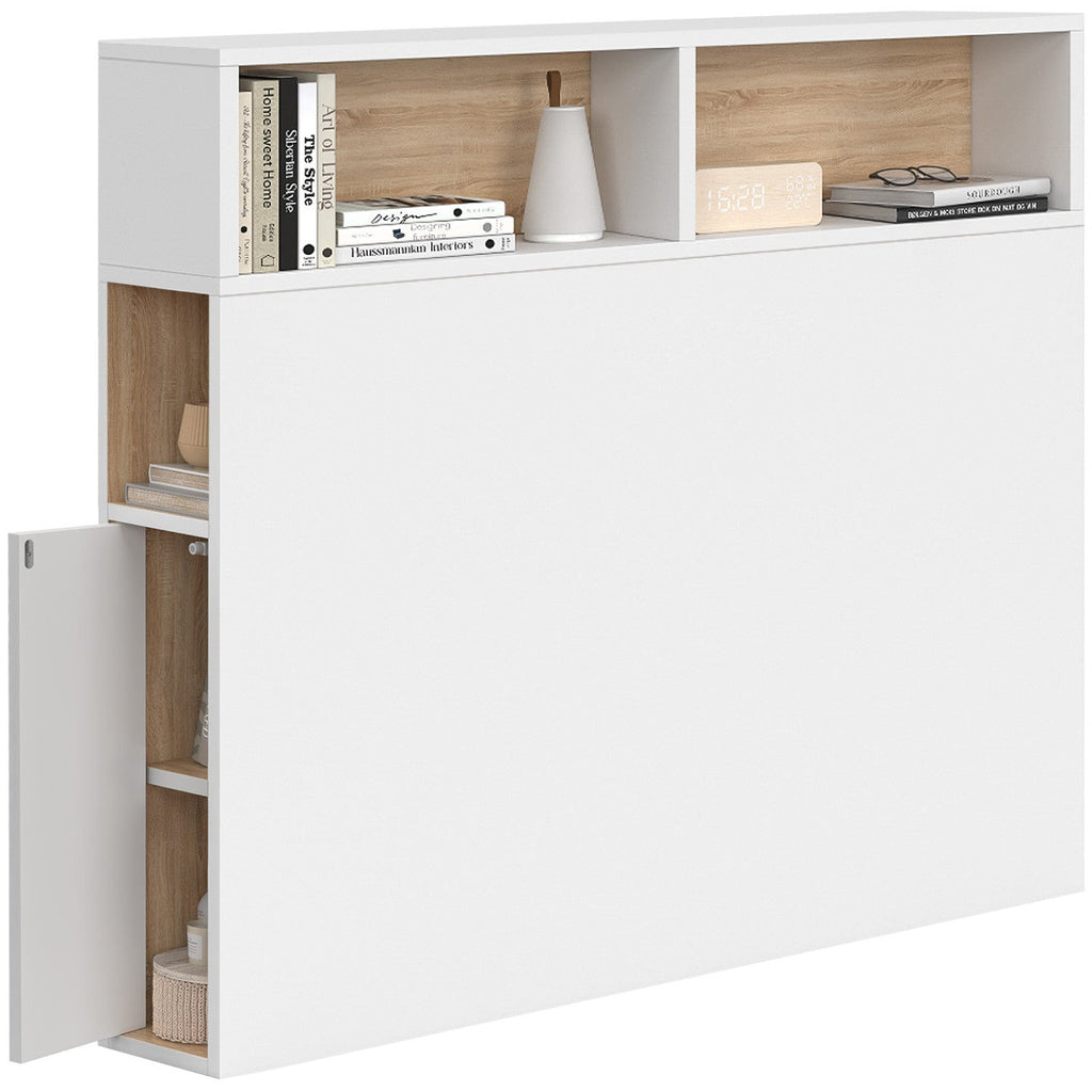 Tête de lit sur pied CLEO 95 cm avec rangements fermés et niches blanc et façon hêtre