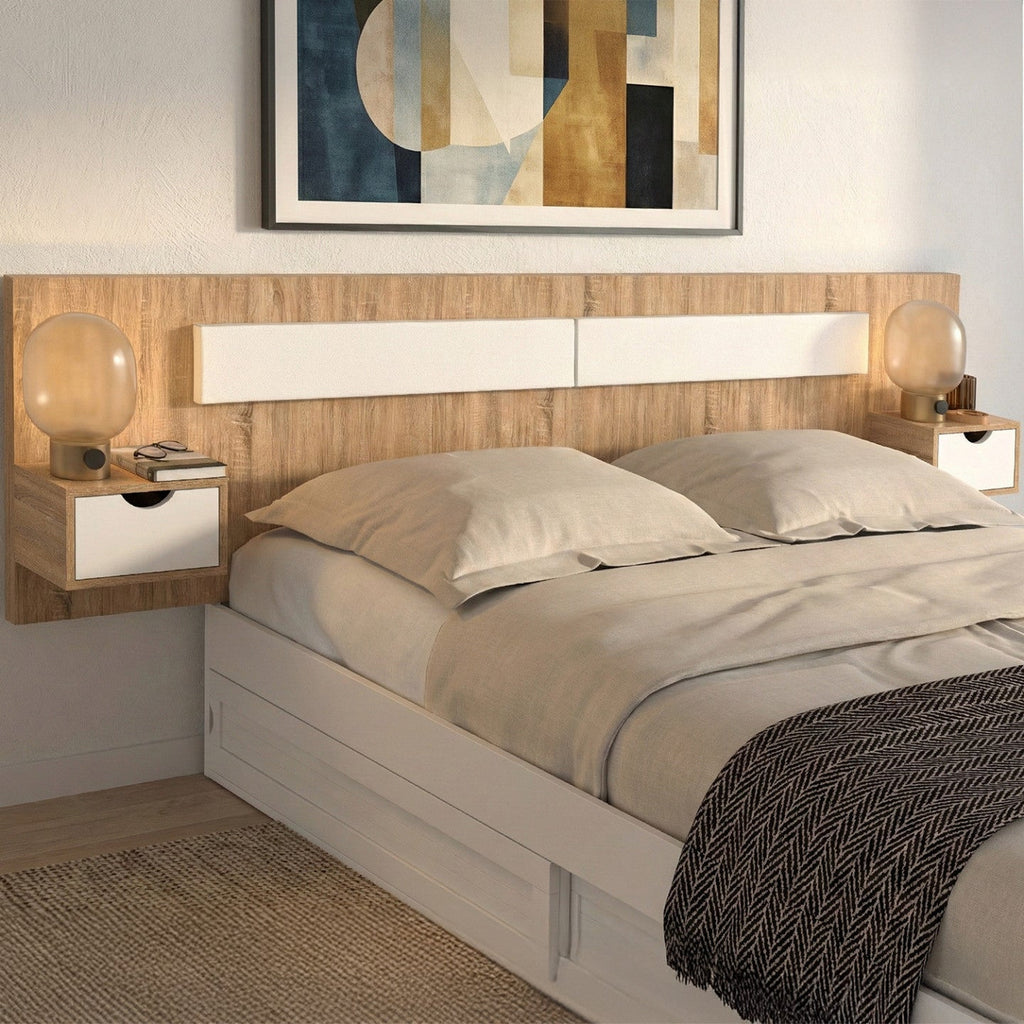 Tête de lit suspendue avec chevets SANTA pour lit 140, 160 et 180 cm bois et blanc