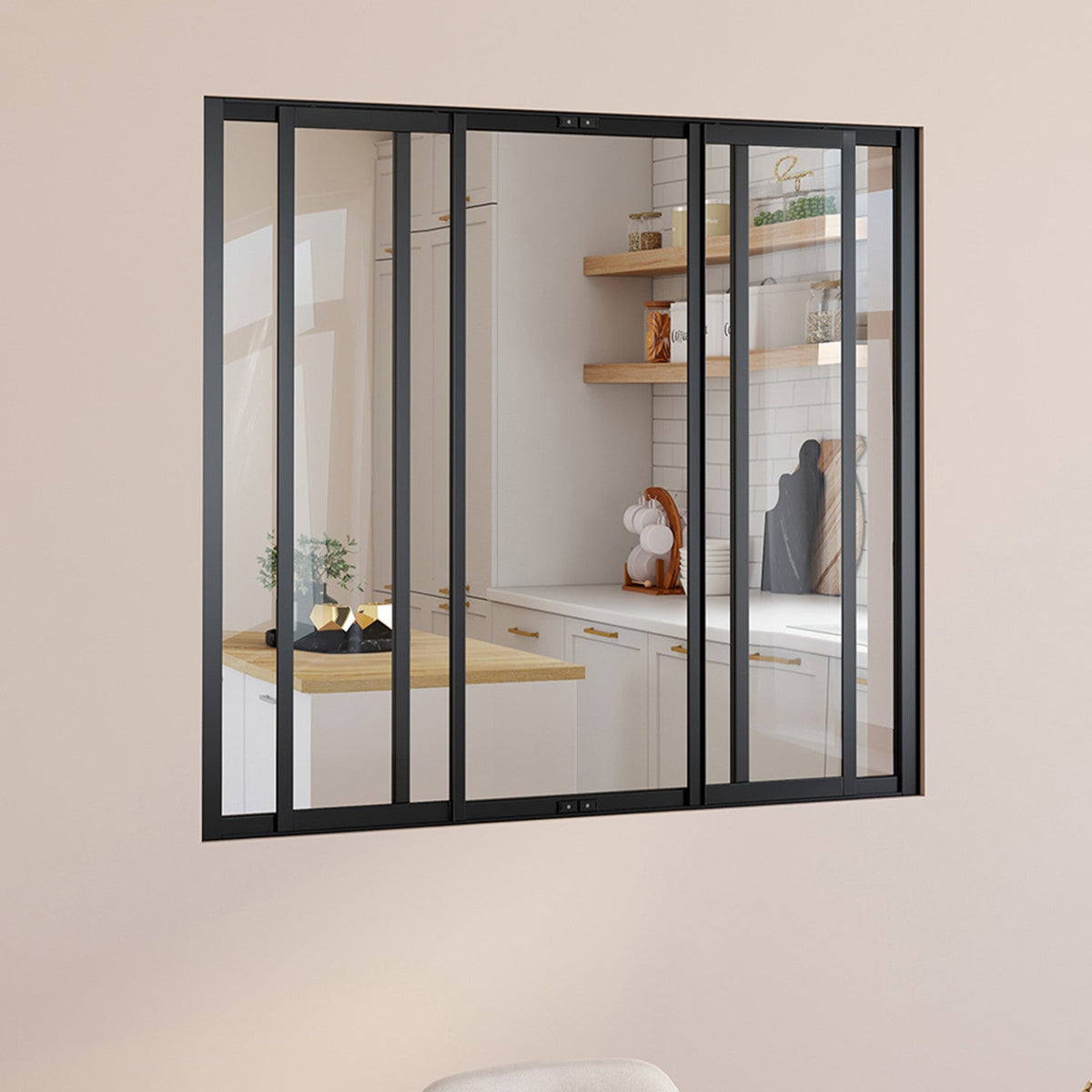 Verrière atelier coulissante 4 vitrages L. 120 x H. 108 cm en métal noir et verre trempé