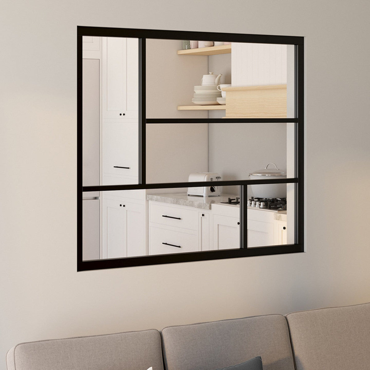 Verrière d'atelier géométrique L. 93 x H. 108 cm en métal noir et verre trempé
