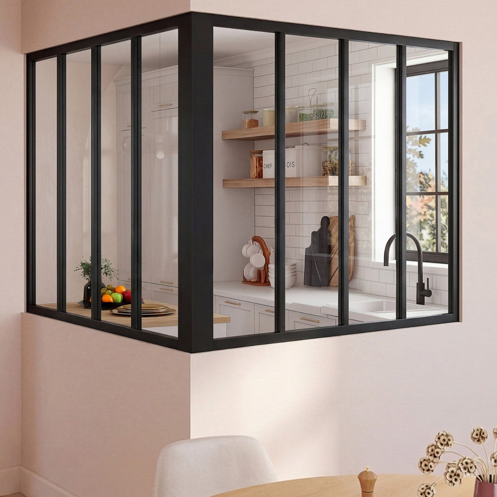 Verrière d'angle style atelier 8 vitrages L. 116 x l. 116 x H. 108 cm en métal noir et verre trempé