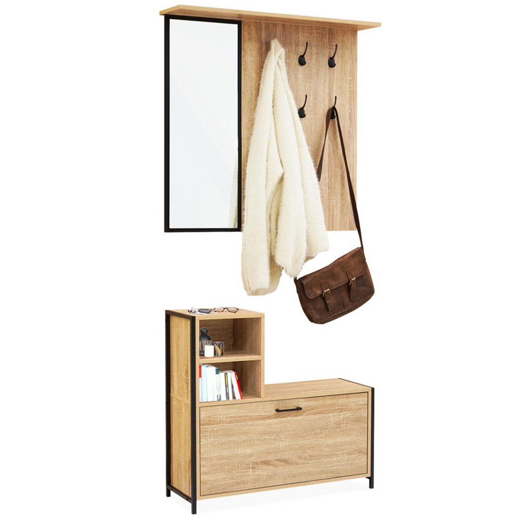 Meuble d'entrée DETROIT avec miroir et range-chaussures design industriel