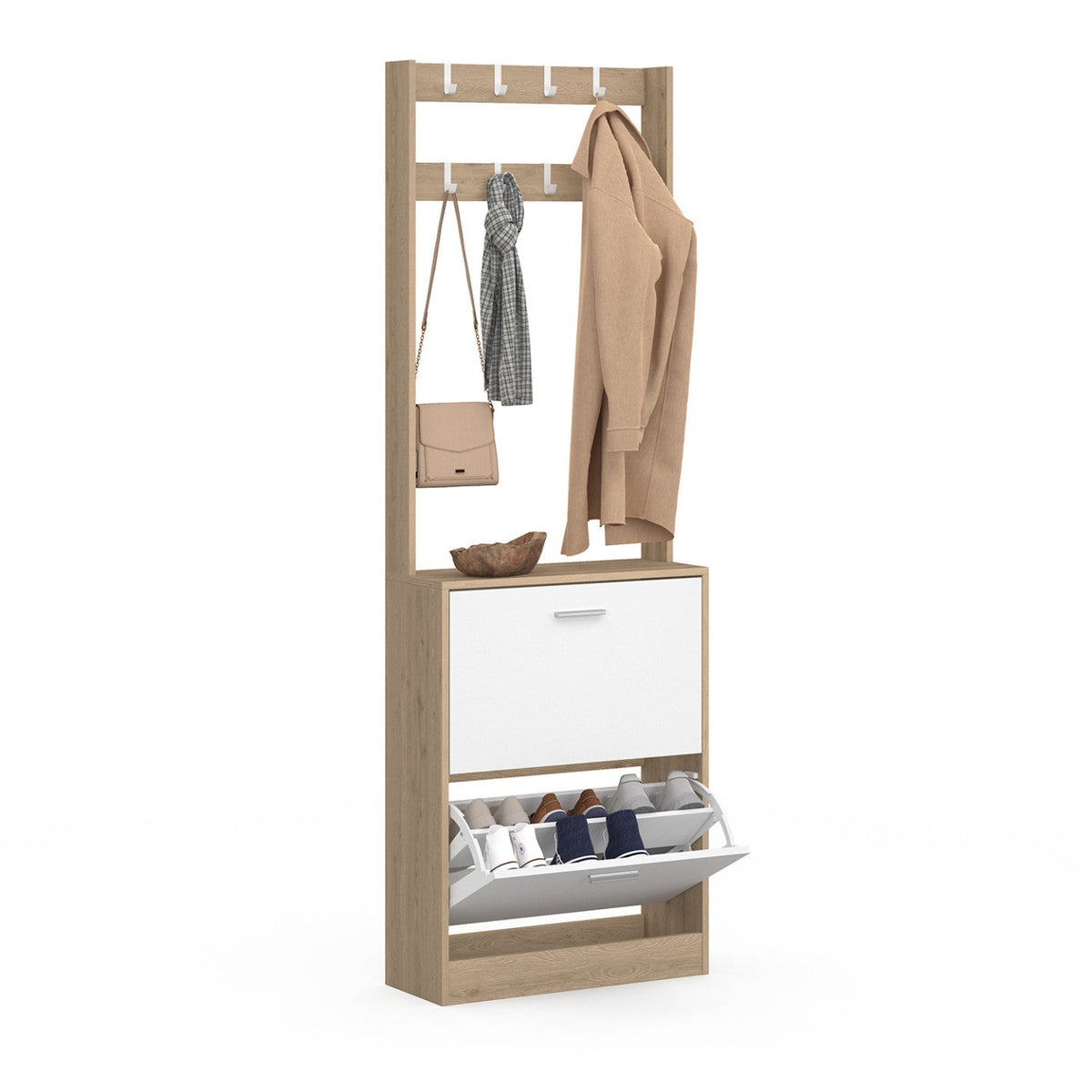 Meuble d'entrée KLARK avec rangement à chaussures, 2 portes, décor bois et blanc