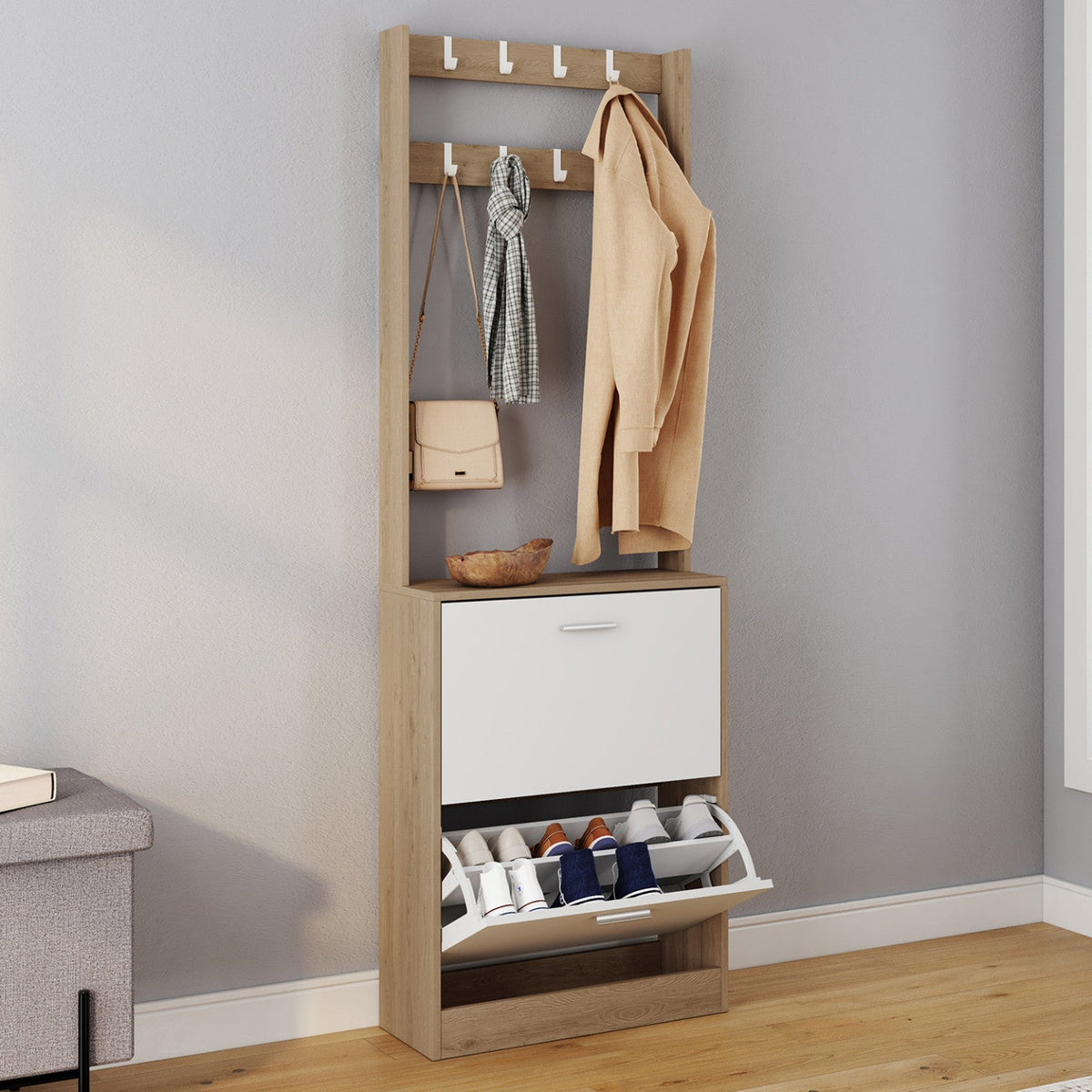 Meuble d'entrée KLARK avec rangement à chaussures, 2 portes, décor bois et blanc