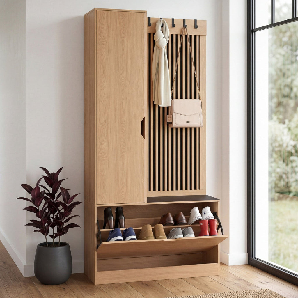 Meuble d'entrée avec rangement chaussures JACK à lattes ajourées, 2 portes, bois et noir