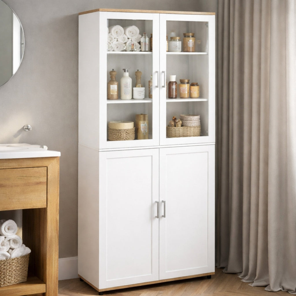 Meuble colonne de salle de bain VITO, 4 portes dont 2 vitrées, blanc et bois