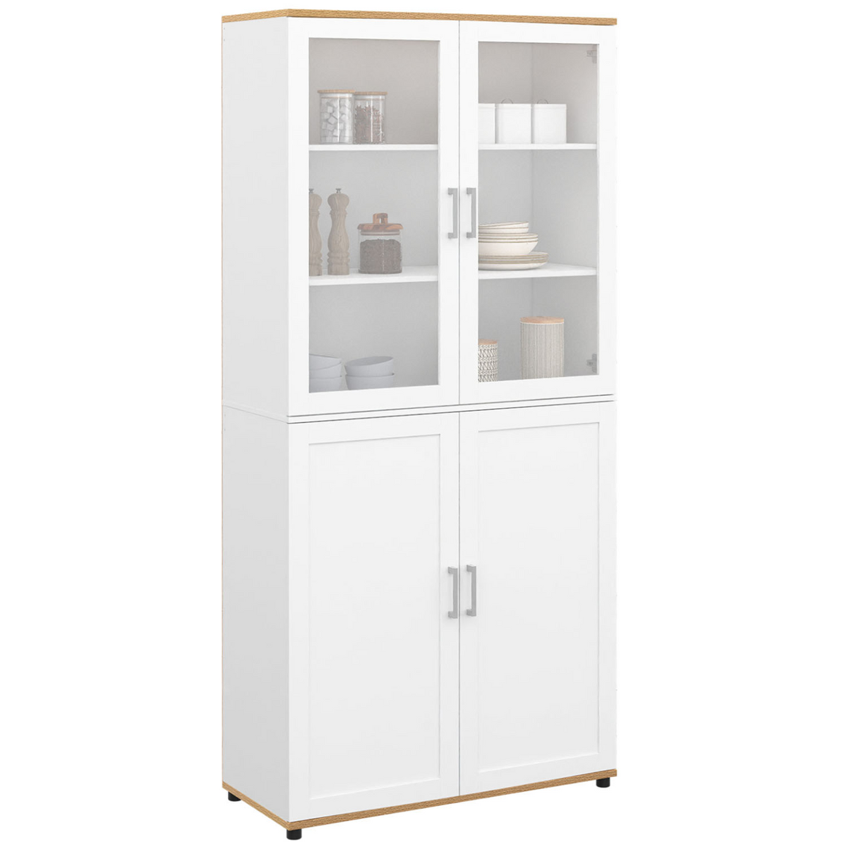 Meuble colonne de salle de bain VITO, 4 portes dont 2 vitrées, blanc et bois