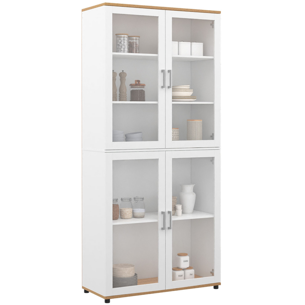 Vitrine buffet haut H. 176 cm vaisselier VITO 4 portes vitrées blanc et bois